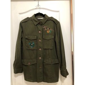 Zara Dark Green Embroidered Denim Utility Jacket